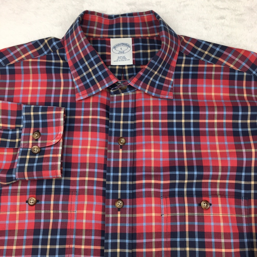 Brooks Brothers Shirt Mens Large Red Plaid Slim Fit Dual Pocket Non Iron